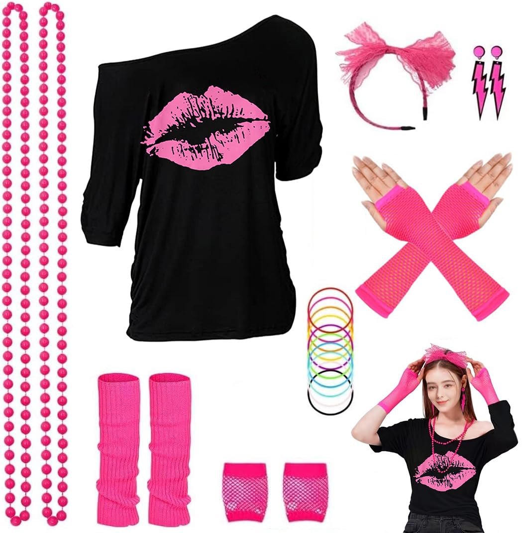 ELFIN 8 Pieces Women 80s Fancy Dress Off Shoulder Tops Lip Print 80s T-Shirt Warmers Fishnet Gloves Necklace Earring 1980s Costumes Outfit Accessories Retro Theme Party Cosplay