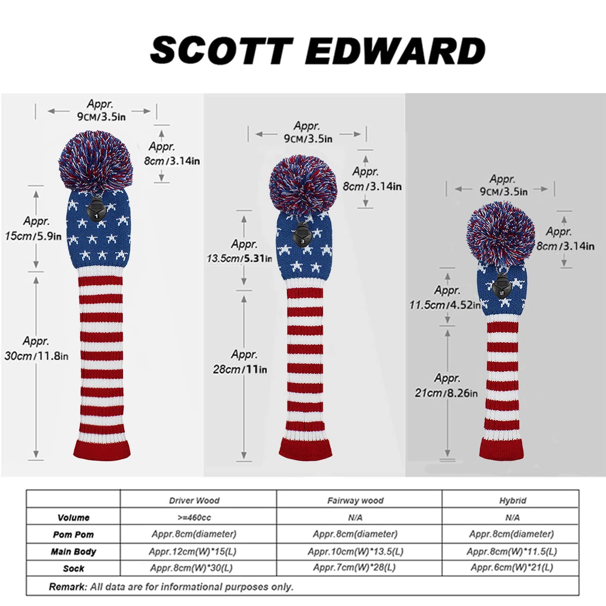 Scott Edward Knitted Golf Headgear 4PCS Handgefertigt, geeignet für Fahrer und Fairway Woods, mit einem Langen Hals Pom Pom Golf Club Headgear Set