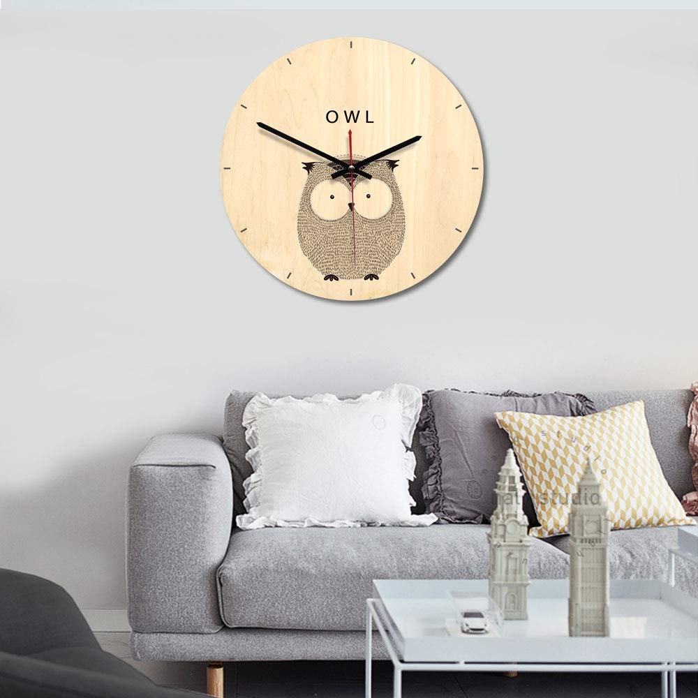 Wall Clock Sizing : 28cm, Owl Pattern Household Office Bedroom Decoration Wooden Mute Wall Clock Clocks