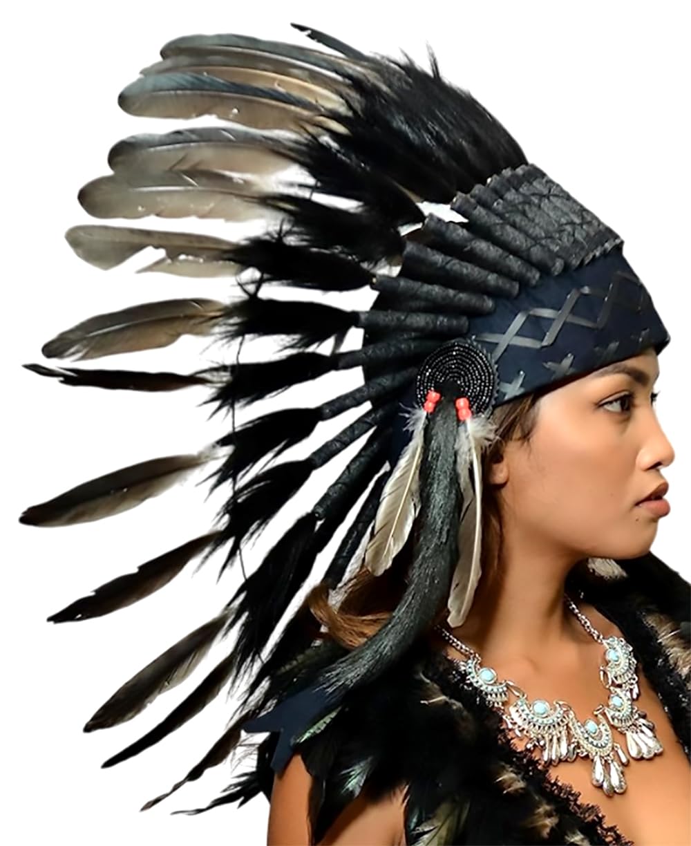 The World of Feathers Native American Indian Inspired Headdress(Length: Short) (Black Swan)