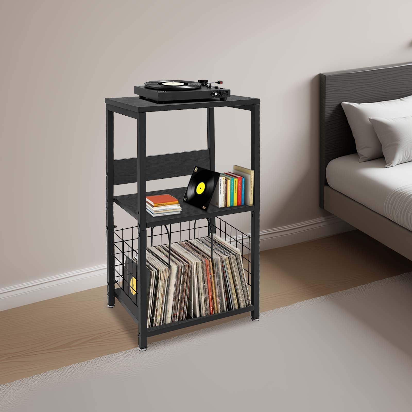 Treeisland Supporto per giradischi a 3 ripiani, per riporre dischi in vinile, fino a 45,4 kg, tavolo per soggiorno, camera da letto, nero