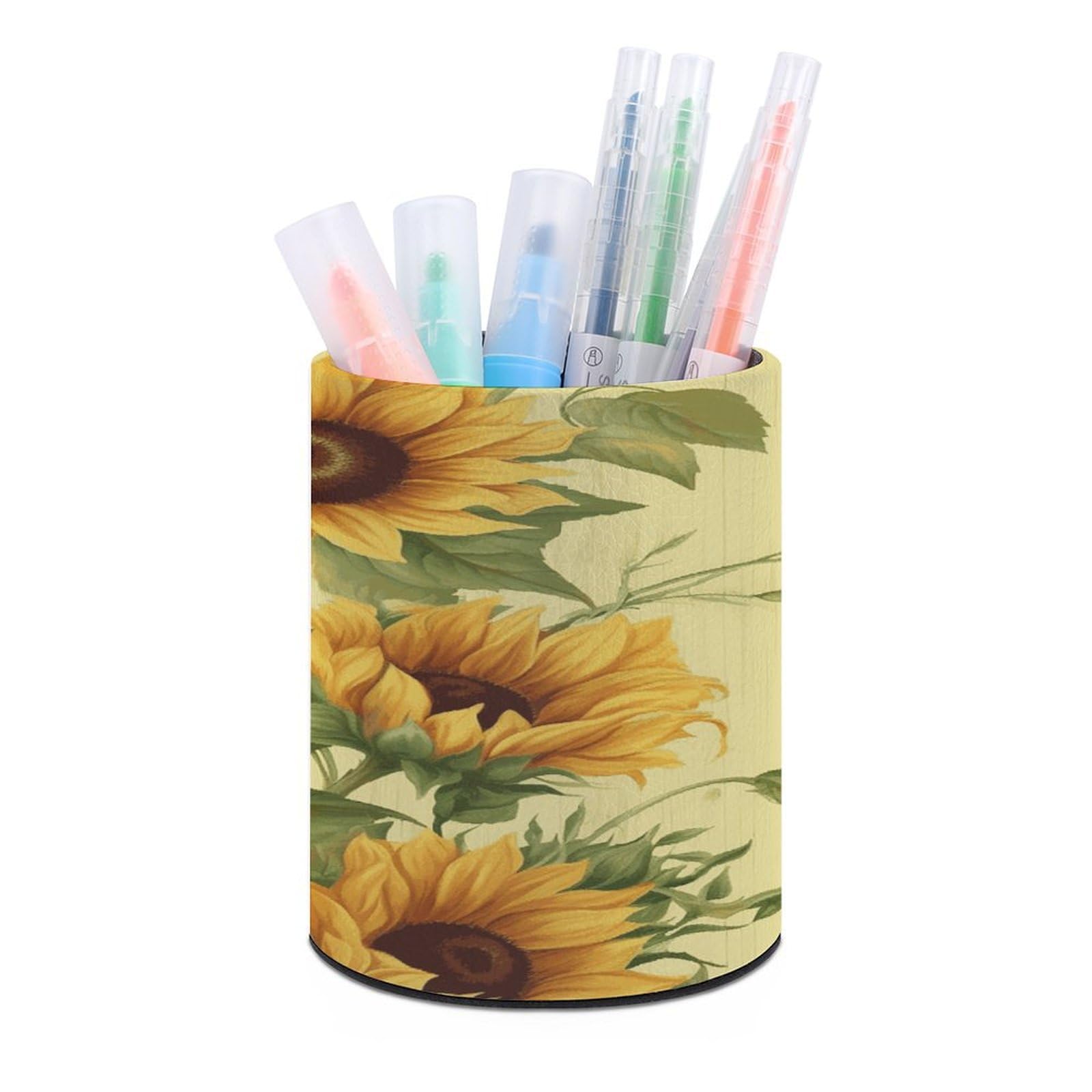 LDGSUPH Sunflowers Round Pen Holder Leather Pen Cup Pencil Cup Pen Organizer Pencil Holder for Desk Organizer Pencil Organizers Makeup Brush Holders for Home Office Gift