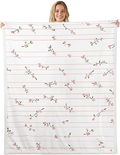 Miniatura 89 de Manfei Pink Flower Throw Blanket Watercolor Floral Leaves Print Fleece Blanket Plants Wildflower Cozy Throws for Bed Couch Sofa,Kids Boys Girls Room