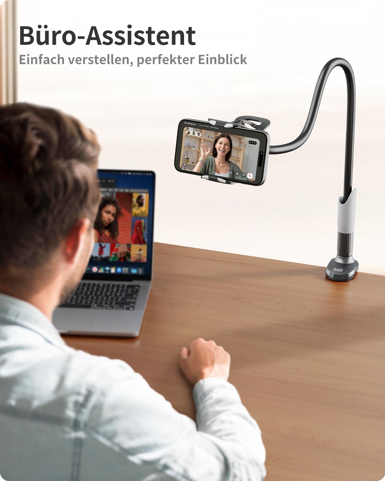 SAIJI Handy Halter für Bett, Schwanenhals Handy Halterung, 360 Drehbare Lang Arm Handy Ständer, für iPhone 17 16 15 14 13 12 Pro, 4"-7" Screen (Schwarz)