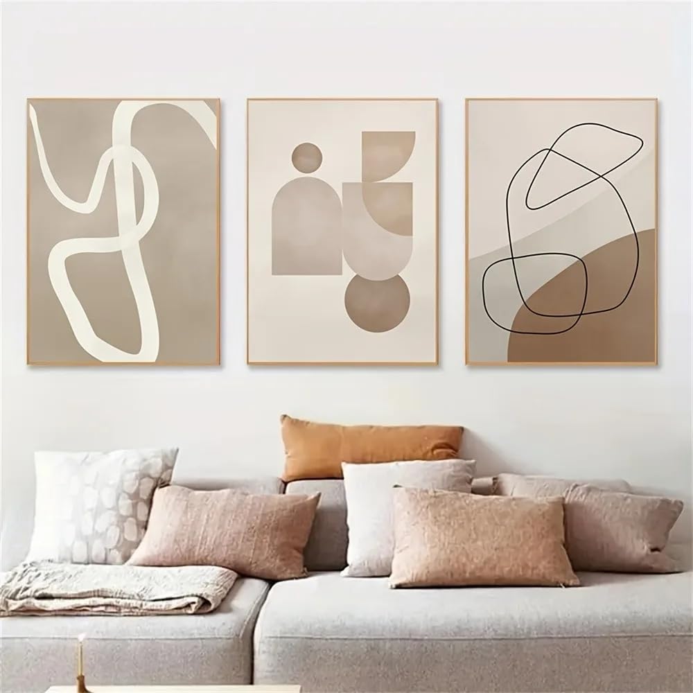 LTjiajuypd Modern Beige And Brown Geometric Canvas Prints,Abstract Line Art Posters Retro Wall Decor(50x75cm-3Pcs)