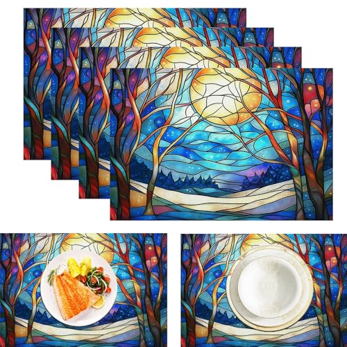 Juego De 6 Manteles Individuales para Mesa De Comedor con Estampado Cielo Estrellado De Ensueño, Manteles Individuales De Lino, Resistentes Al Calor, Antideslizantes (Ventana Geométrica De Colores)