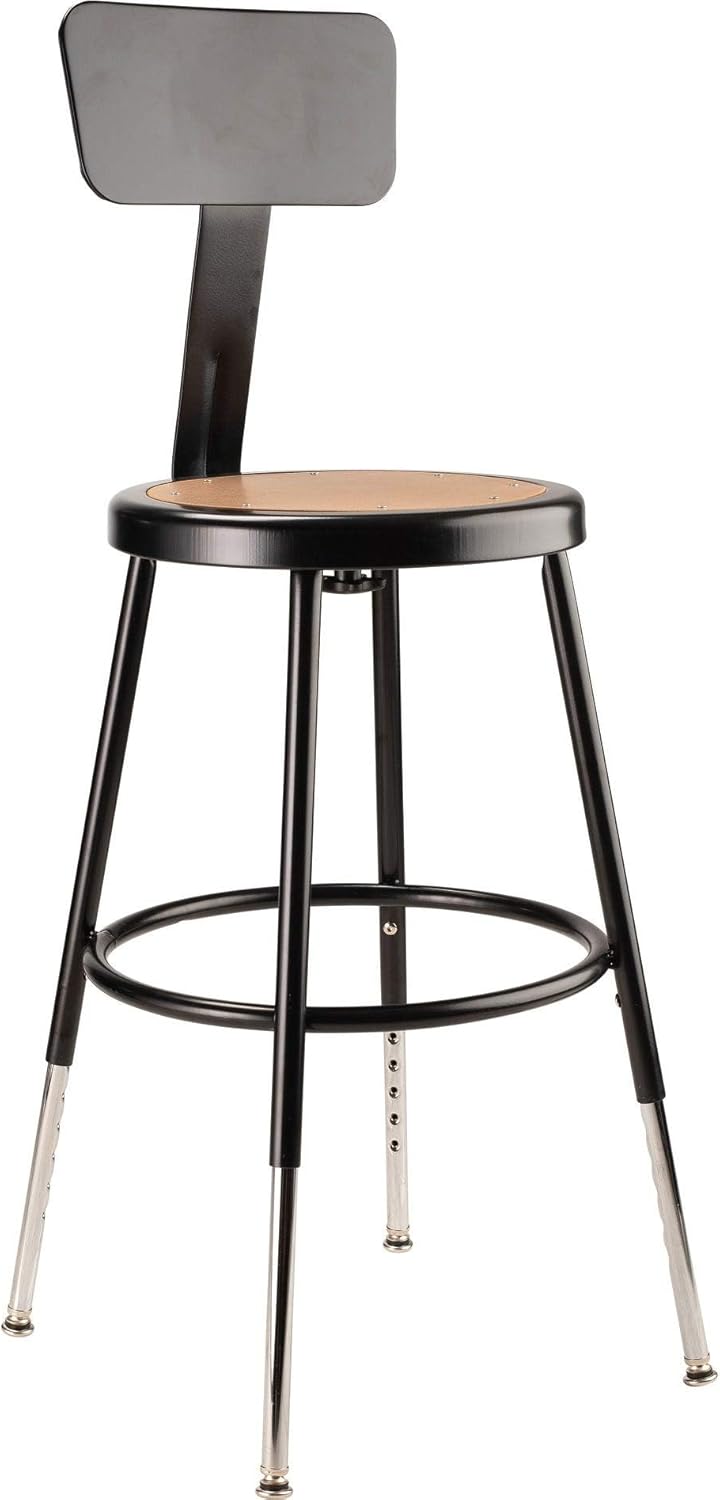 Pemberly Row 32-39" Height-Adjustable Metal Stool with Backrest, Masonite Seat, Black Finish, 300 lbs Capacity, Sturdy Workshop, Lab, or Educational Seating