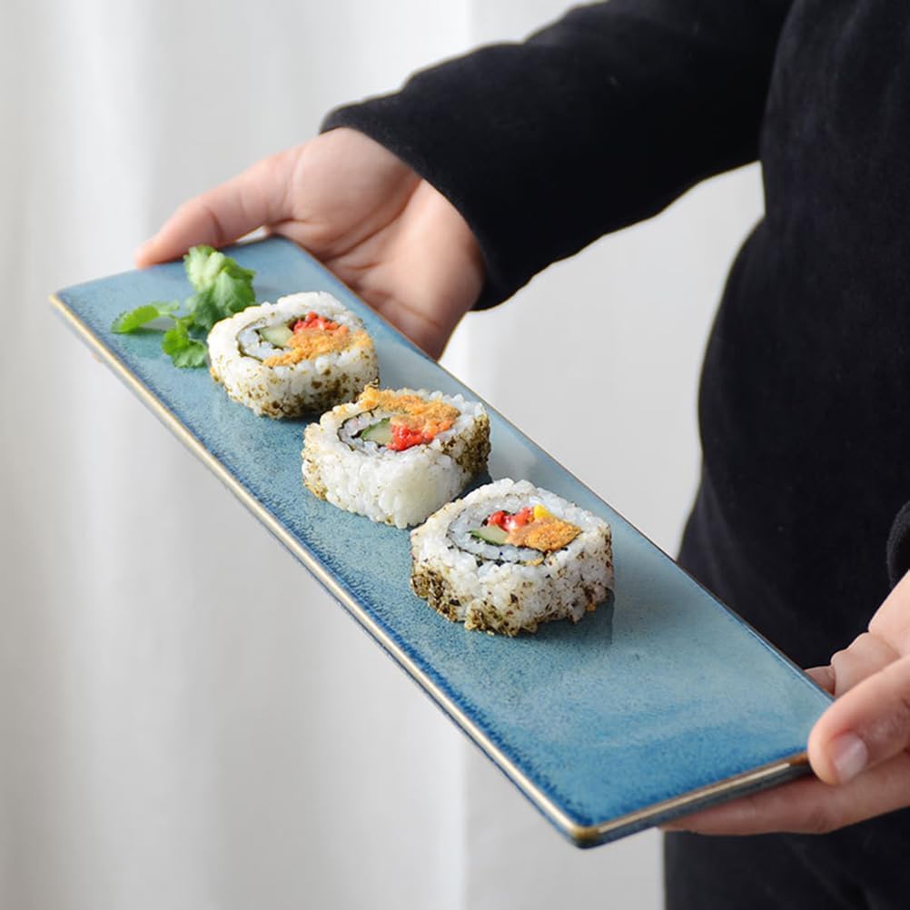 MAGICLULU Sushi Serving Boat Japanese Platters Storage Sushi Ceramic Sushi Plate Japanese Appetizer Plates Ceramic Platter Trays Rectangular Platter Light Blue Party Dessert Set up