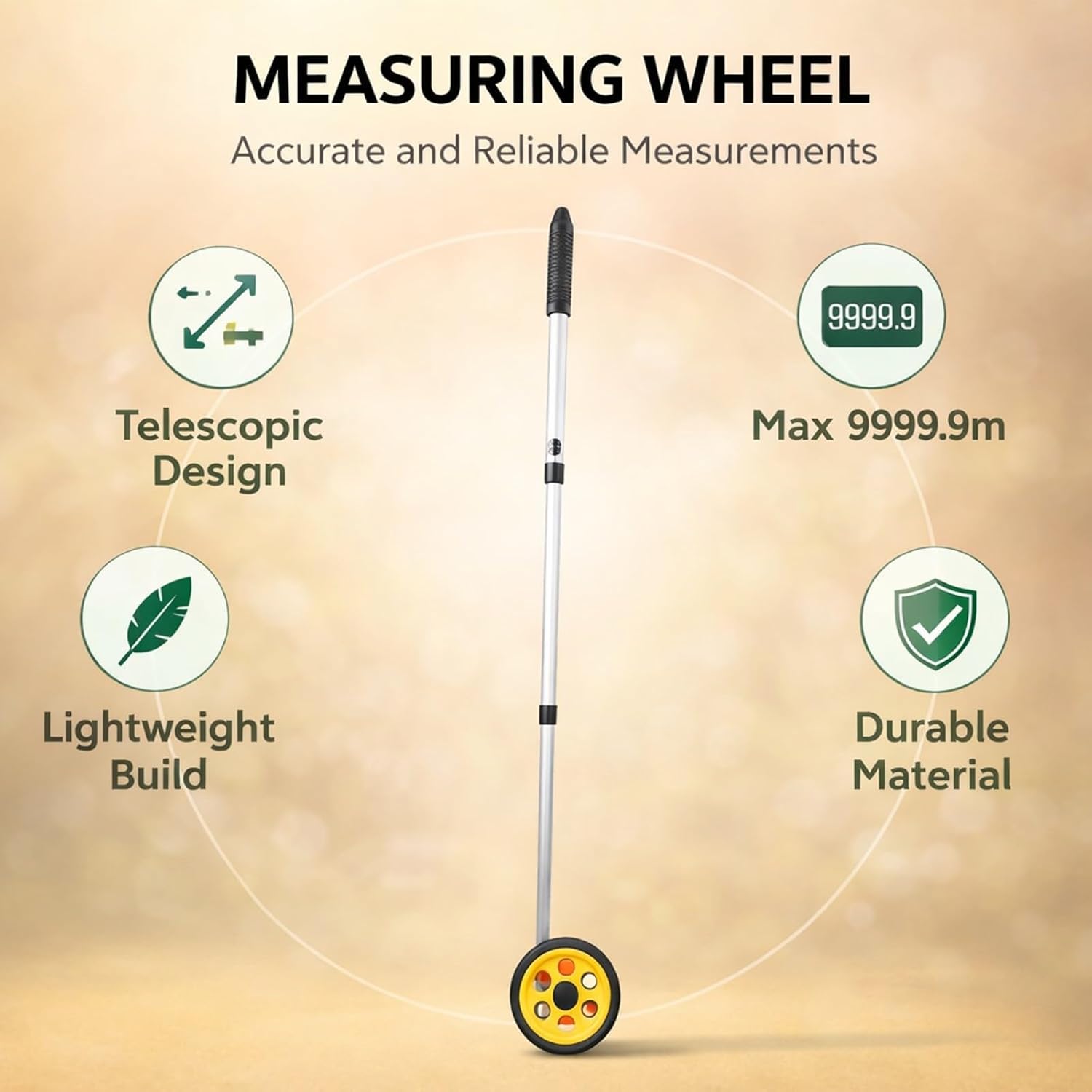 Measuring Wheel, Extendable Rolling Distance Tool, 45-102cm, Metric Measurement, 0-9999.9m Range - Adjustable Length, Lightweight Portable Design, Ideal for Construction and