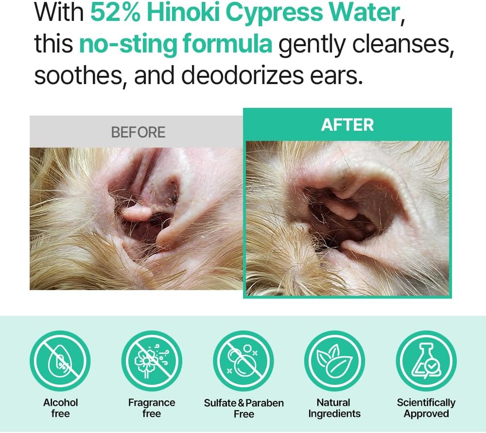 PetO’Cera CL’Ear Ear Cleaner for Dogs & Cats with 52% Hinoki Cypress Water, Cica & Heartleaf Extract, Soothes Itching, Removes Debris, Odor, Alcohol-Free, Fragrance-Free, Hypoallergenic, 4 fl oz image 4