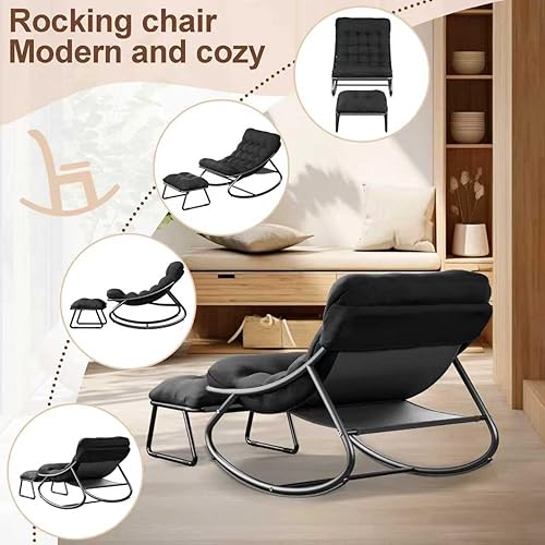 Miniatura 8 de Mecedora para exteriores e interiores, cómoda silla de patio, mecedora con otomana y marco de metal resistente, sillas de balcón con cojín grueso,