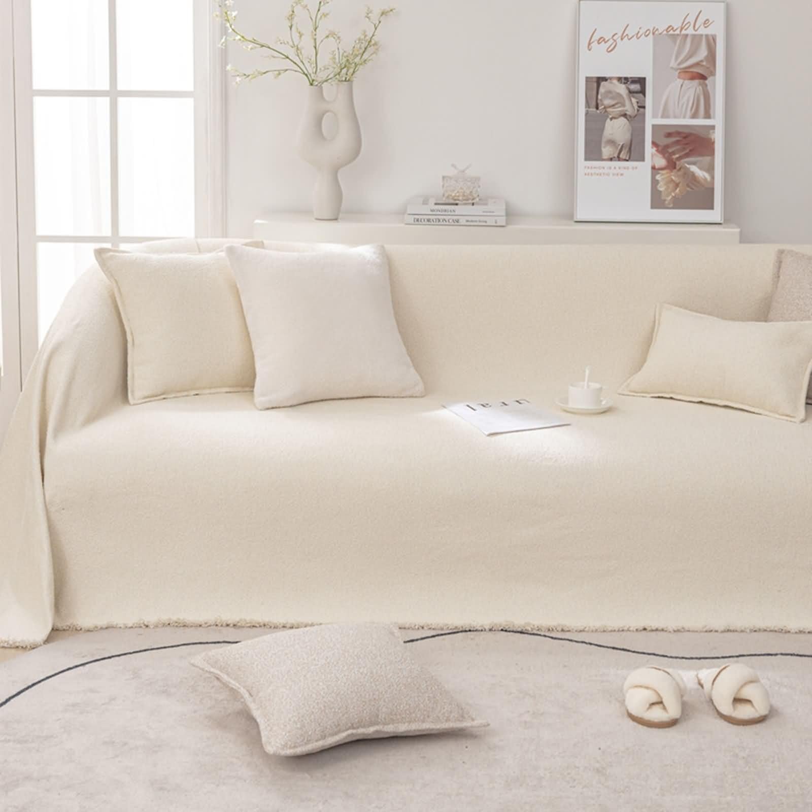 Housse canapé beige 3 places en polyester 180x300cm pour salon