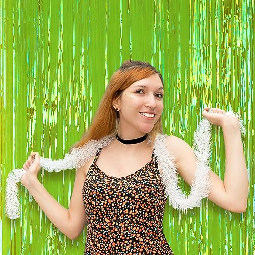 Image of Voircoloria 2 Pack 3.3x8.2 Feet Neon Green Foil Fringe Backdrop Curtains,Tinsel Streamers Birthday Party Decorations,Fringe Backdrop for Margaritas Themed Party Decorations,Baby Shower,Disco Party