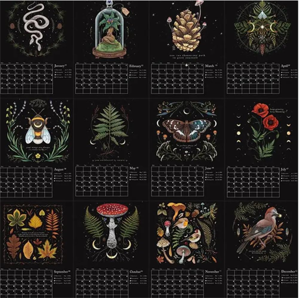 Dark Forests Lunar Calendar 2025 Wall Hanging Calendar with 12 Original Wall Illustrations Calendars Monthly Planner for Home Office Art House Decor