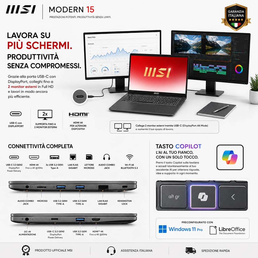 msi Notebook Modern 15 Intel Core 7 150u | 10 Core fino a 5400MHz, RAM 32GB, SSD 512GB, Display 15.6" IPS FHD, Tastiera retroilluminata, Ready to Use