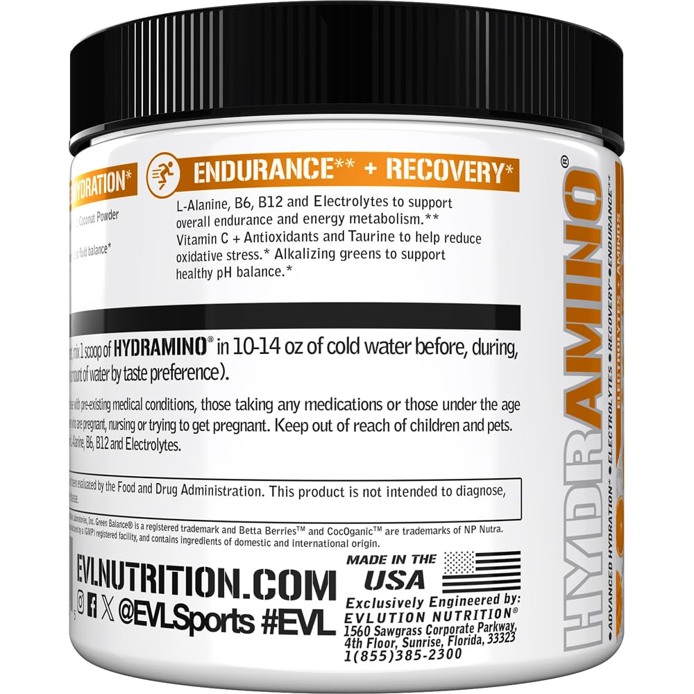 Evlution Nutrition HYDRAMINO Complete Hydration Multiplier, 6 Electrolytes, Vitamin C & B, Fluid Boosting Aminos, Coconut Water, Endurance, Recovery, Antioxidants, 30 Serve, Orange Mango (Dye Free) — Amazon image 5