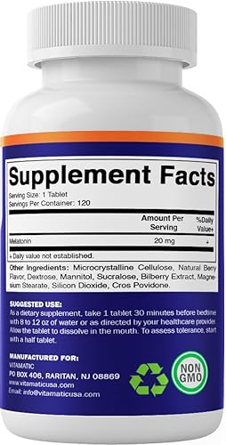 Miniatura 8 de Vitamatic Tabletas de melatonina de 20 mg  Sabor natural a bayas  120 tabletas vegetarianas por botella  6 botellas (total 720)