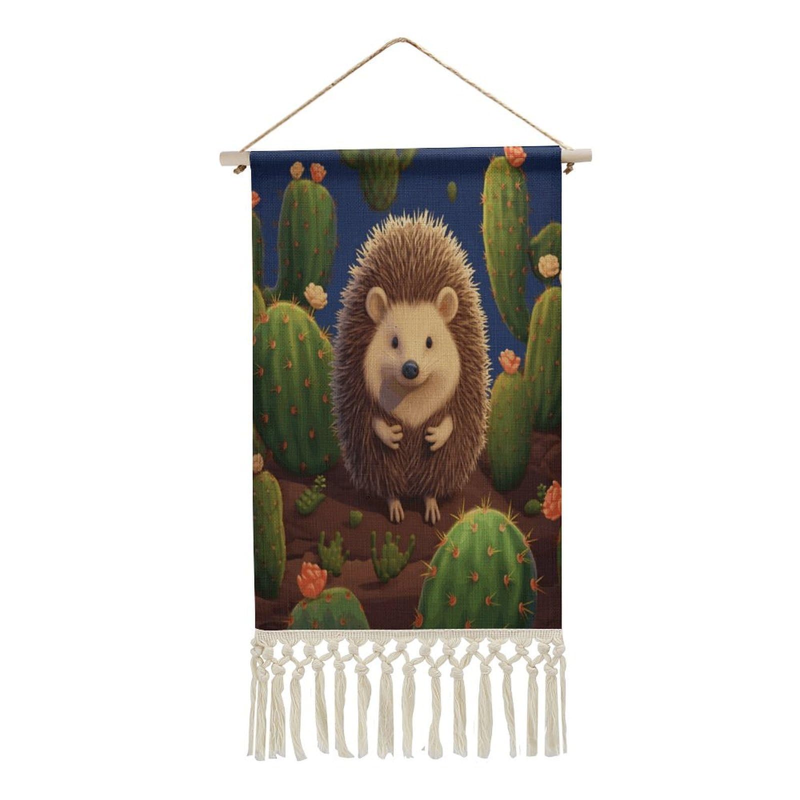 VstaDank Hedgehog Cactus Wall Art Decor with Tassels 20"x10" Cotton Linen Hanging Tapestry Decor Wall Art Prints Wood Frame Boho Wall Art Poster for Bedroom Living Room Office