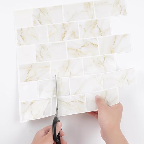 Miniatura 8 de Livelynine 16 azulejos de mármol dorado para cocina, baño, azulejos de pared para azulejos de pared impermeables en la parte trasera del metro,