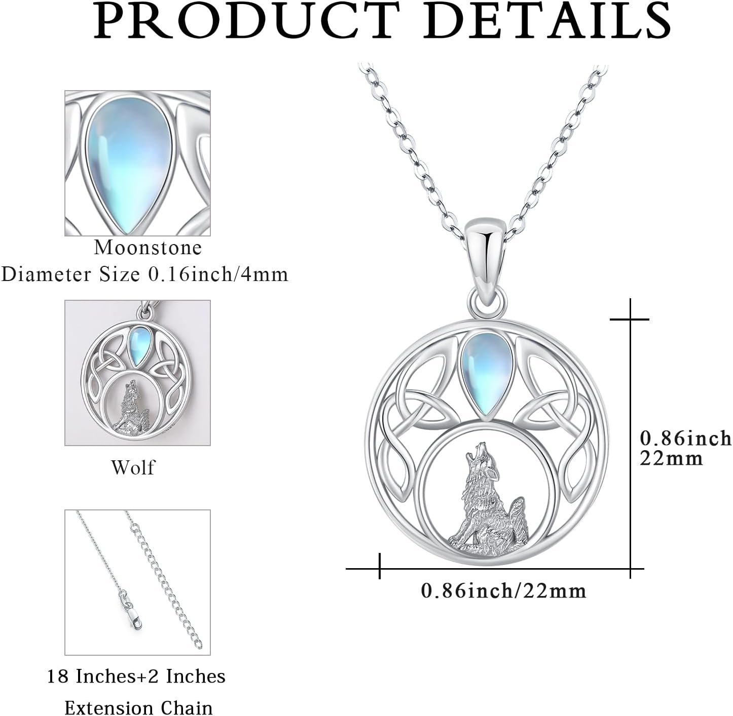 Wolf Necklace for Women S925 Sterling Silver Moonstone Celtic Wolf Necklace Tree of Life Pendant Animal Jewelry Gift for Mom Daughter Wife Halloween - Image 3