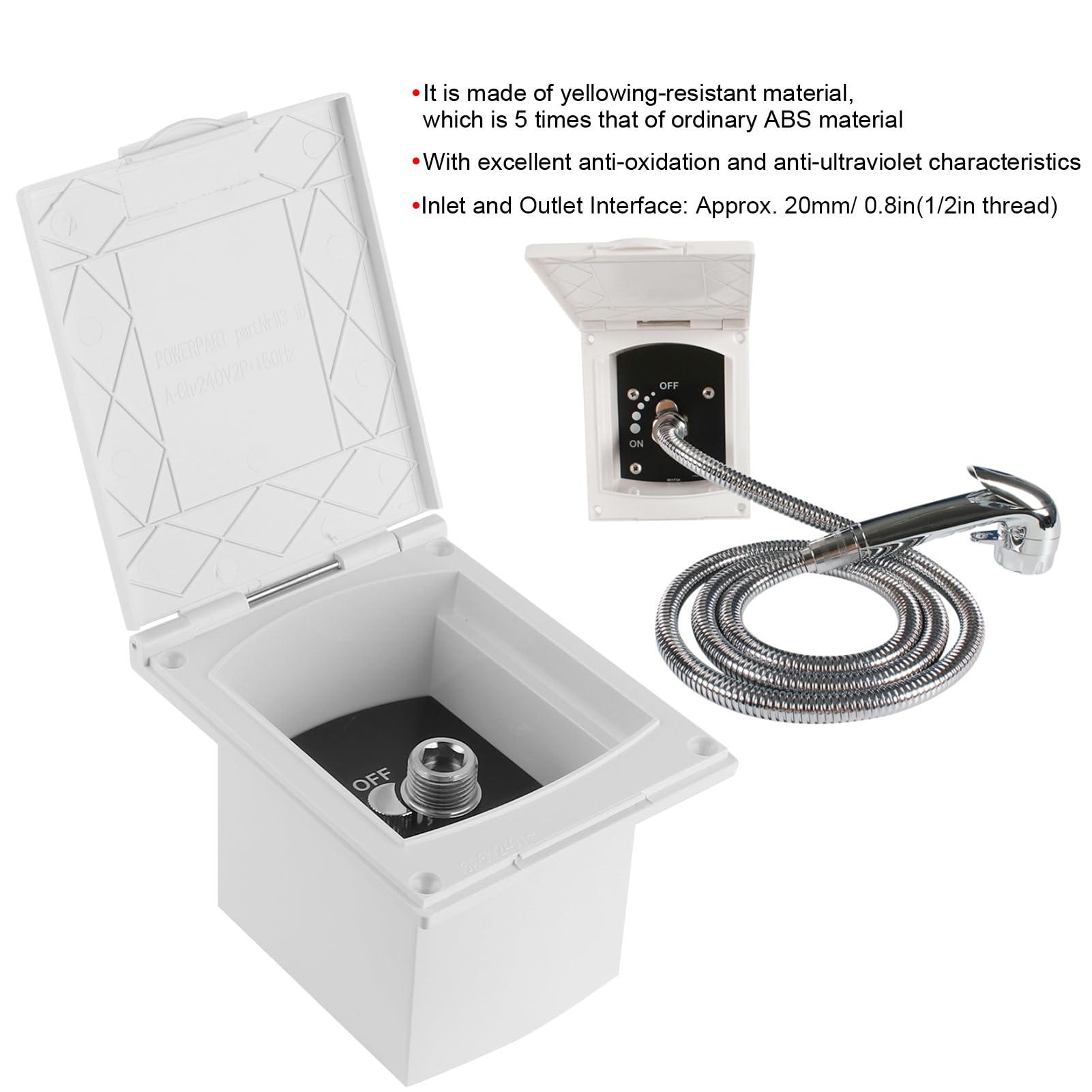 Boîte de Douche Extérieure pour Camping Car RV Bateau Moteurhome Interface d Entrée et de Sortie 2 Pouce Blanc Connexion Rapide Volume d Eau Réglable Matériau Résistant au jaunisse