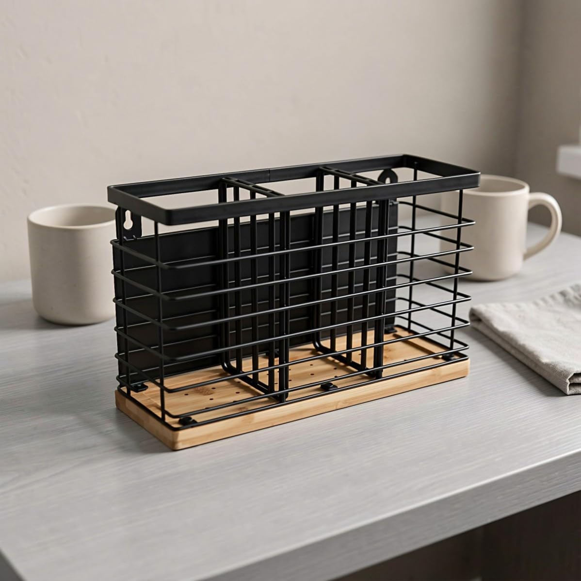 SHINEOFI Porte-couverts Magnétique Noir en Fer et Bois, 3 Compartiments
