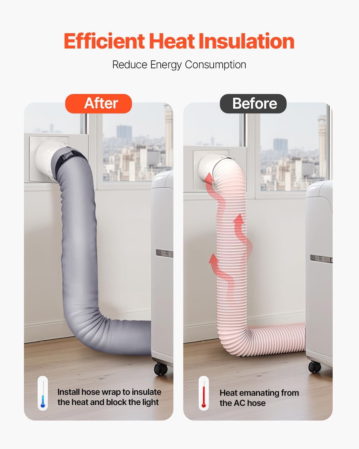 VEVOR Air Conditioner Hose Cover Wrap, Portable AC Hose Duct Vent Cover Sleeve, Insulation Sleeve for 5 & 5.9" Diameter Exhaust Hoses Tube, Easy Installation with 2 Adjustable Buckle Straps, Gray