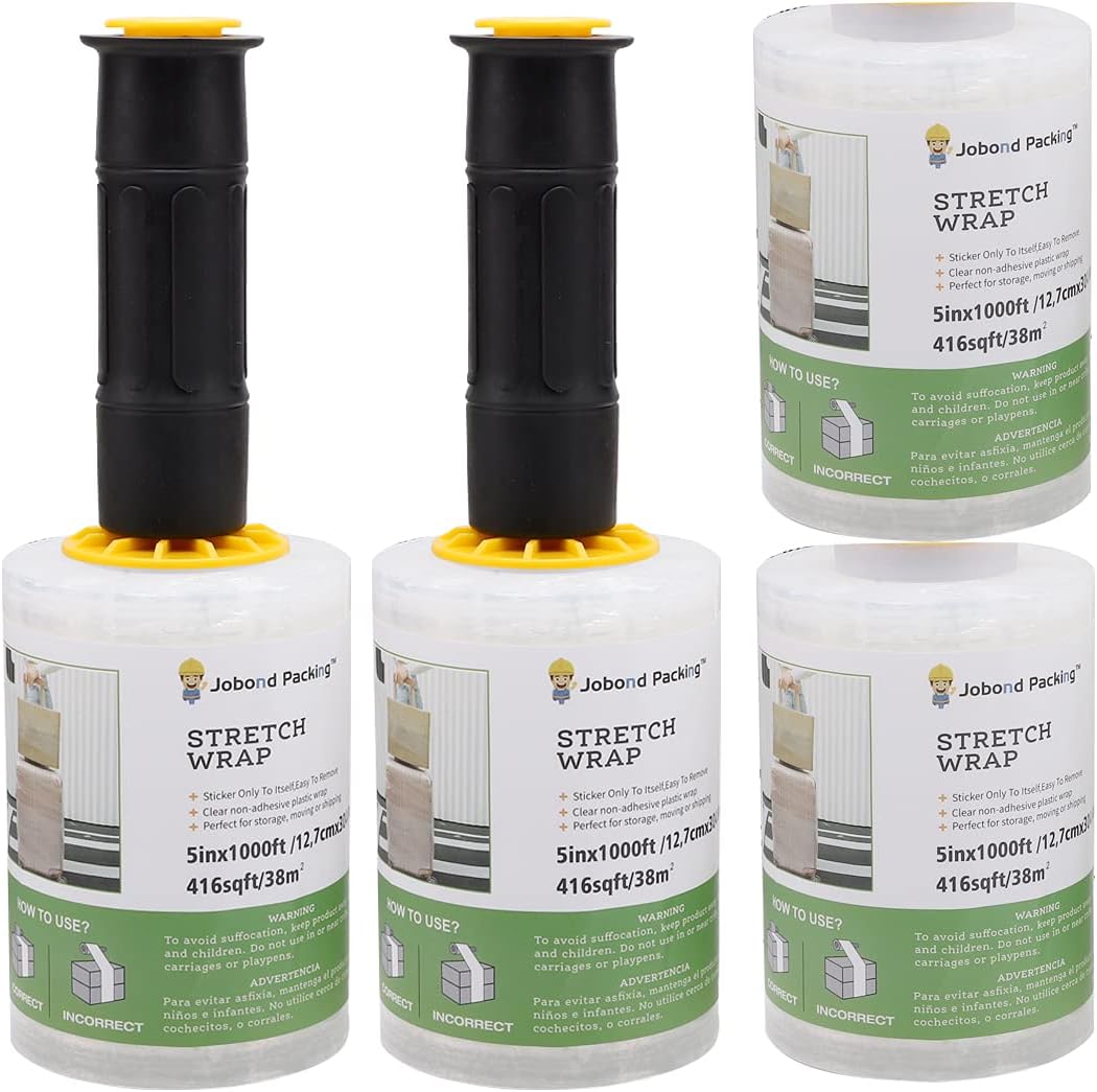 4 Rolls Stretch Wrap Film 5 Inch 1000 Feet,wth 10 Pieces Fragile Itself Adhesive Stickers, for Moving Supplies, Clear Plastic Stretch Wrap Packing with Handles (2 Packs and 2 Refill Rolls) : Office Products