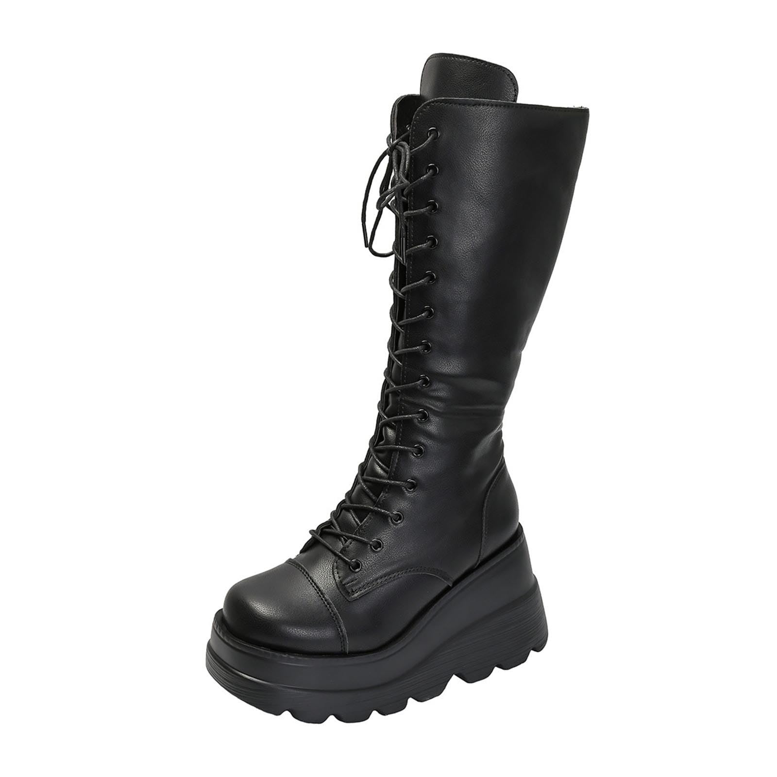 Womens British Style Long Boots with Round Toe and Side Zipper for Casual and Wedge Heel