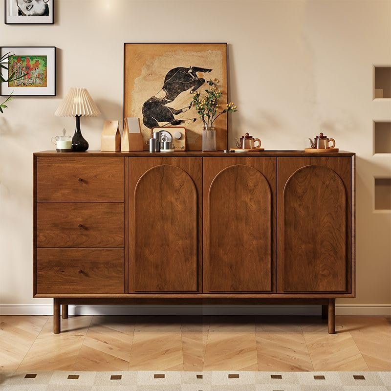 TGF Furniture Store Vintage Wooden Sideboard Cabinet – 3 Arched Door Storage Console with Walnut Brown Finish, Classic Buffet Table for Living Room, Dining Room & Entryway-image-11
