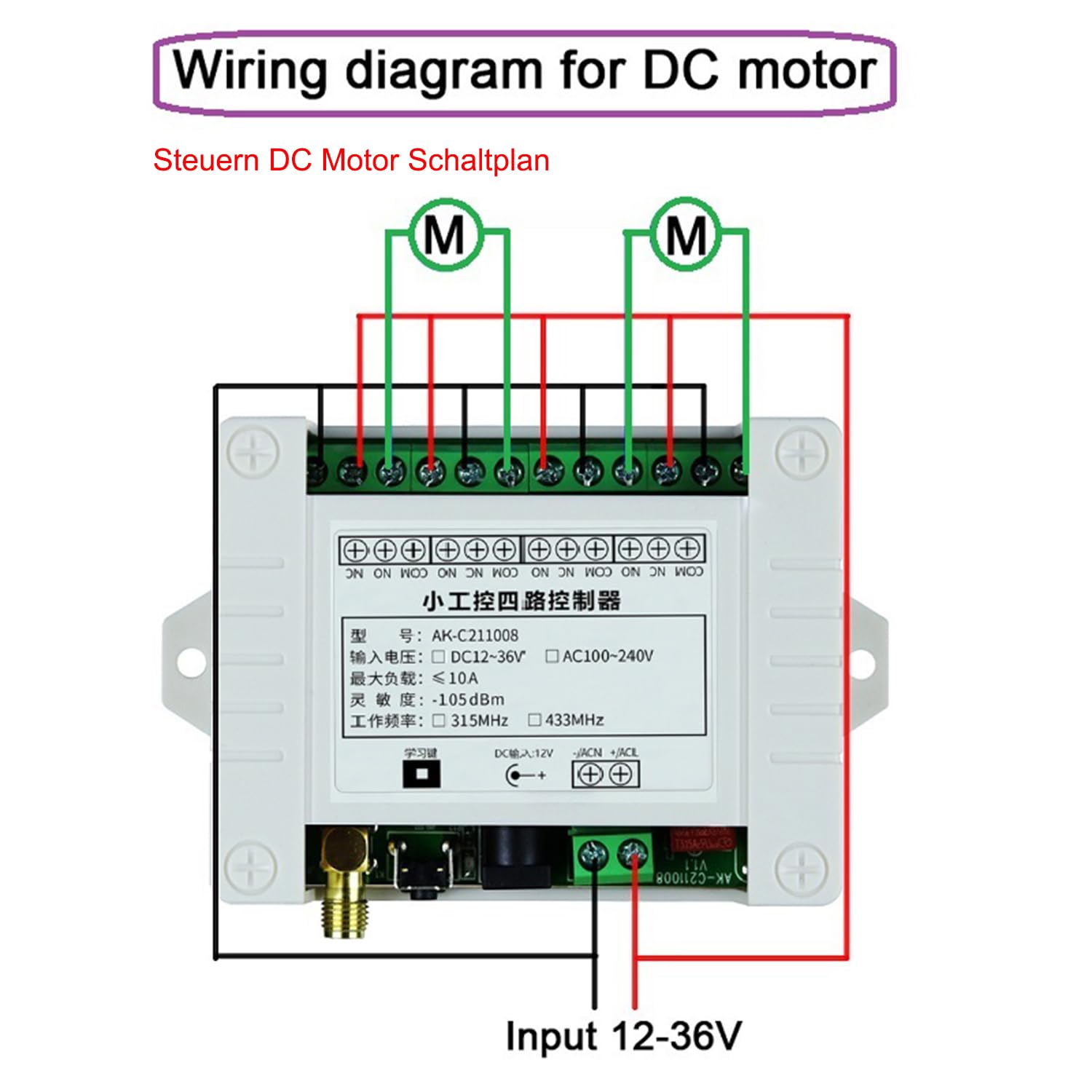 Interruttore telecomando senza fili DC 12 V 24 V 36 V DC 12 – 36 V 4 canali 433 MHz telecomando relè ricevitore con 2 trasmettitori per azionamenti lineari, motore porta del garage