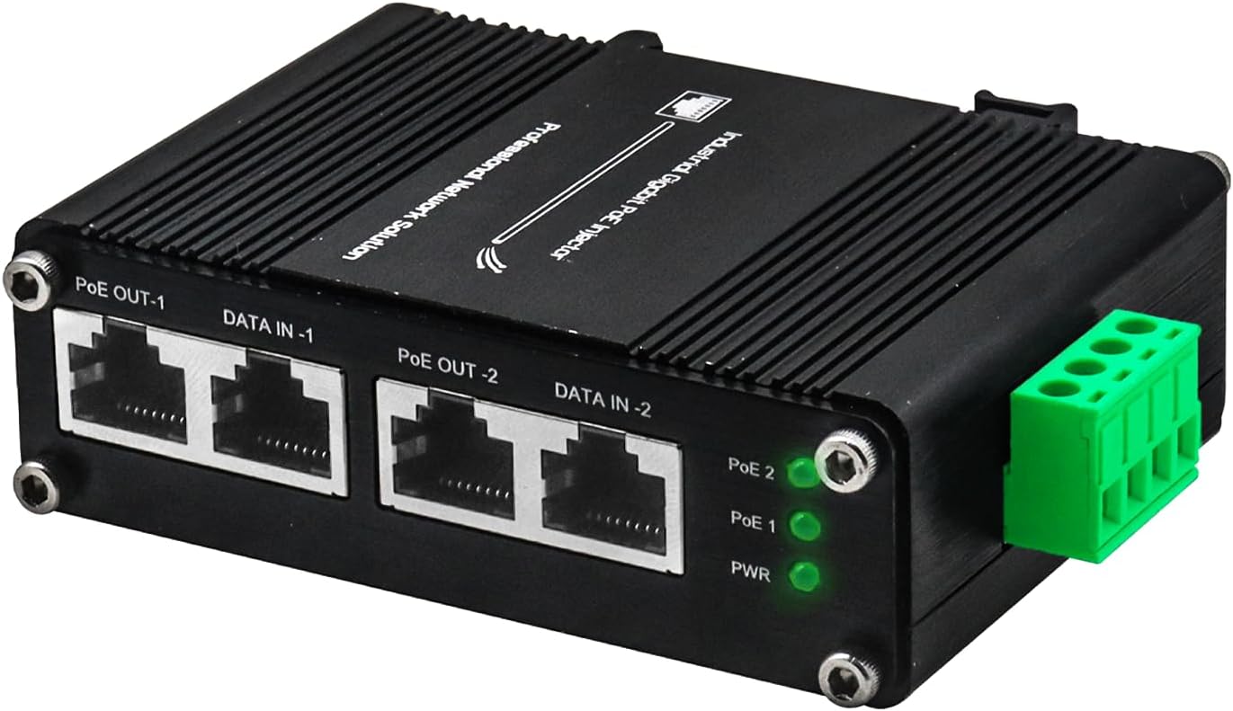 Industrial 2-Port Gigabit PoE+ Injector, 12~48VDC Input, 60W PoE Power Output, DIN-Rail & Wall Mount, -40°F to 176°F Operating Temperature, for IP Cameras & Wireless Access Points