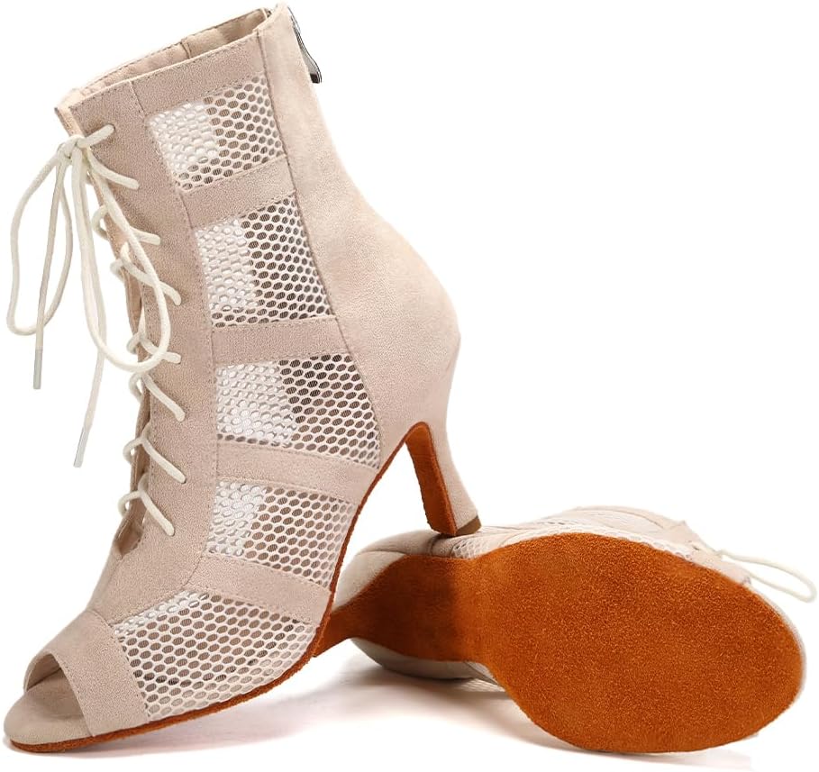AOQUNFS Dance Heels for Women Mesh Ballroom Dance Booties Lace Up Dance Ankle Boots with Zipper - Image 5