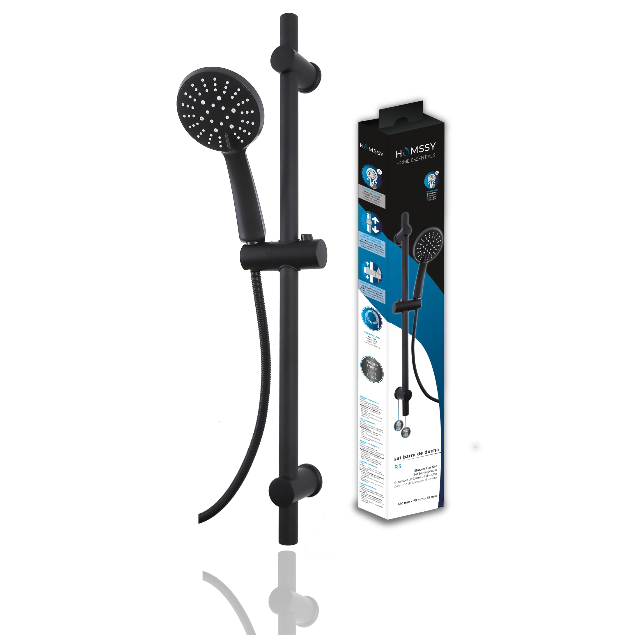 Barra de Ducha Regulable negro mate 70 cm – Conjunto de Ducha en Acero Inoxidable con Alcachofa de Mano 5 Funciones, Manguera Flexible 1,75 m y Soporte Ajustable