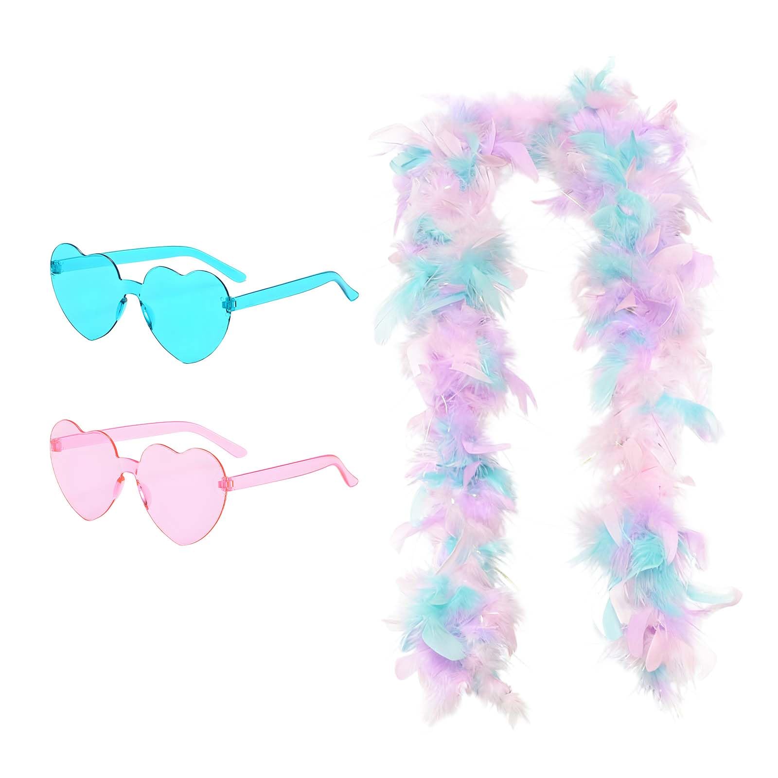 Suupii 3 PCS Colorful Feather Boas Set, Aesthetic Feather Boa with Heart Shaped Sunglasses, Durable Festival Wear, Suitable for Dance Performances and Celebrations