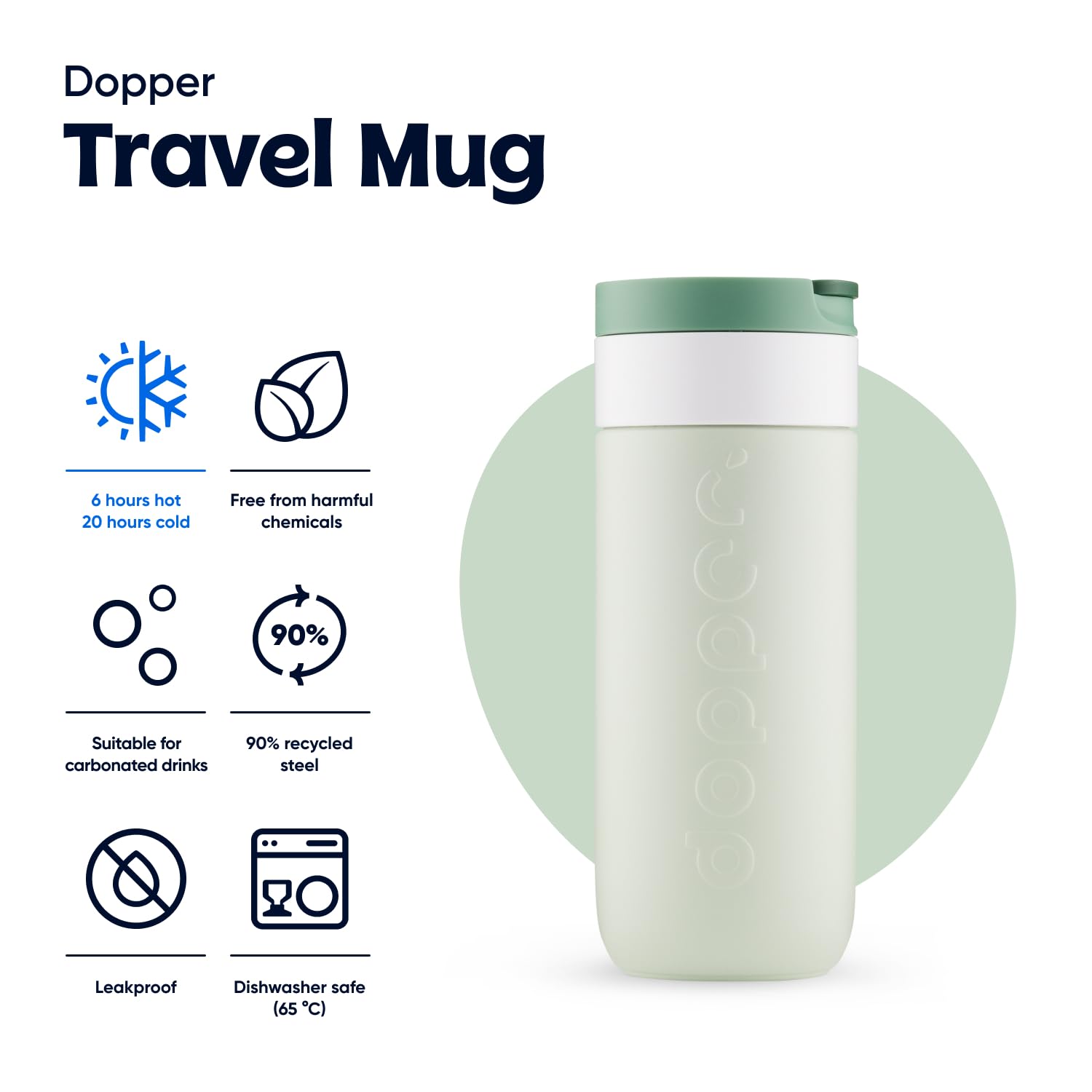 Dopper Mug de voyage isotherme 400 ml, vert forêt, anti-fuite, pour boissons gazeuses, 6h chaud/20h froid, 90 % acier inoxydable recyclé
