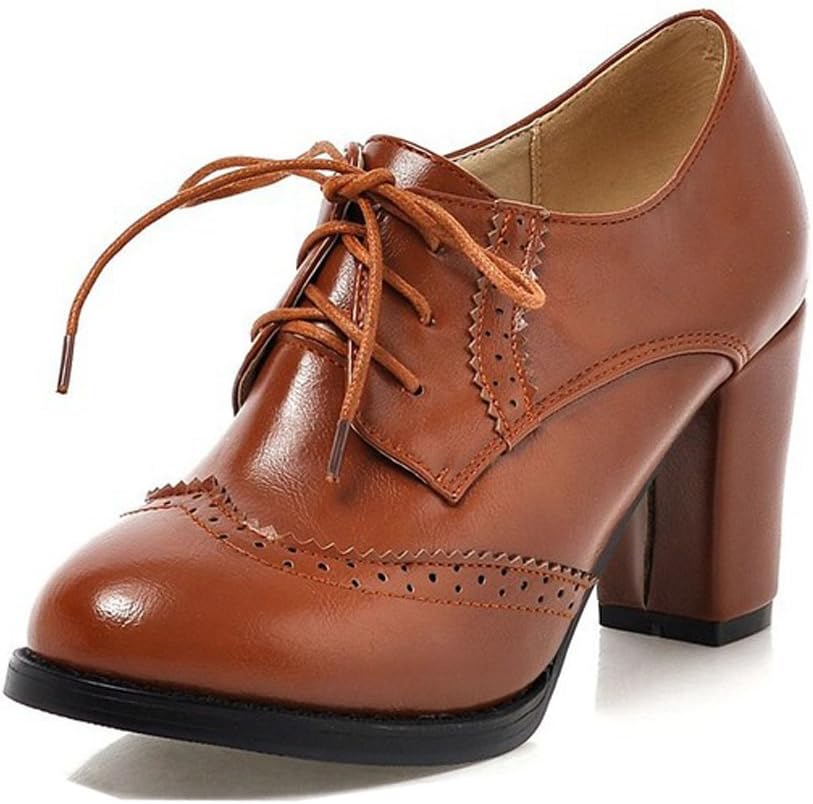 WAROFT Ladies Vintage Chunky Block High Heels Lace Up Brogue Shoes Round Toe Fashion Women Dress Boots Size 3-8.5