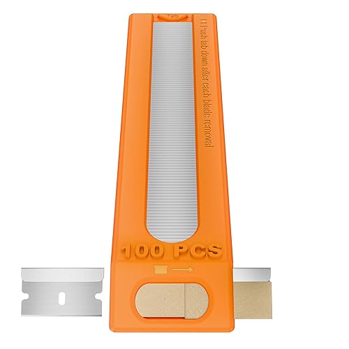 Paquete de 100 cuchillas de afeitar de un solo borde con dispensador, cuchillas raspadoras de acero al carbono, cada hoja mide 1.5 x 0.75 pulgadas,