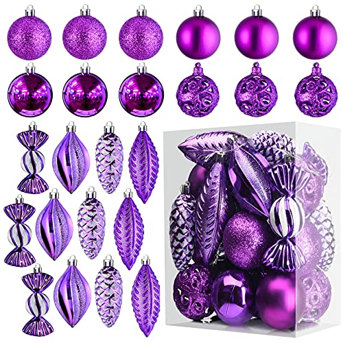 prextex christmas tree ornaments - purple christmas ball ornaments set for christmas, holiday, wreath & party decorations (24 pcs - small, medium, large) shatterproof