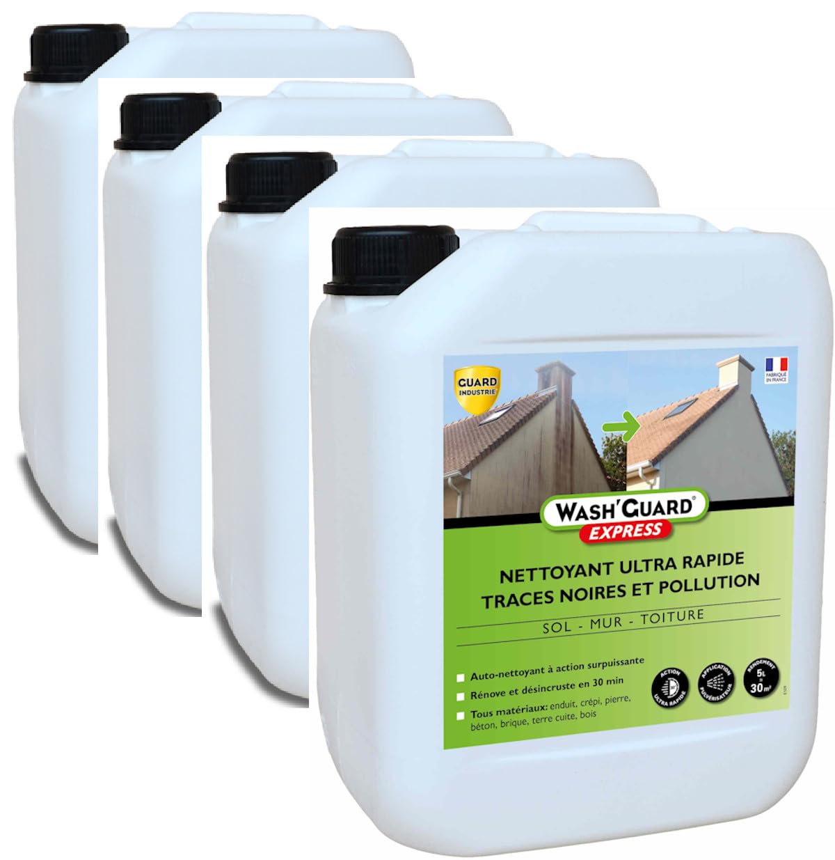 GUARD INDUSTRIE - Wash'Guard Express - Nettoyant Hyperactif, Ultra Rapide, en 30 Minutes - 4x5L - 20L - jusqu'à 120m²