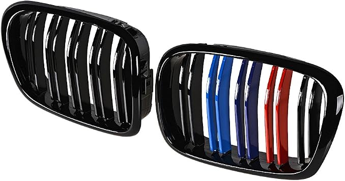 amopacorp Pair Dual Slat Front Center Kidney Grille Gloss Black H9F5 Compatible with 1997-2003 BMW E39 5-series 520/523/525/528/530/535/540/M5