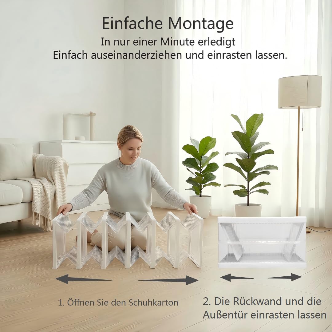 Schuhboxen Stapelbar, 24 Ebenen, Transparent, Faltbar, Dickem Kunststoff, für Sneaker bis Größe 46, Platzsparend, 1-Min Montage, Weiß