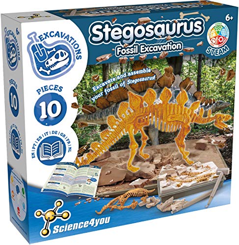 Science4you - Stegosaurus, Kit explorador de fósseis dinossauros para crianças 6 anos - escava 10 fósseis com este jogo de arqueologia, conjunto de paleontologia, ciência e brinquedos para crianças