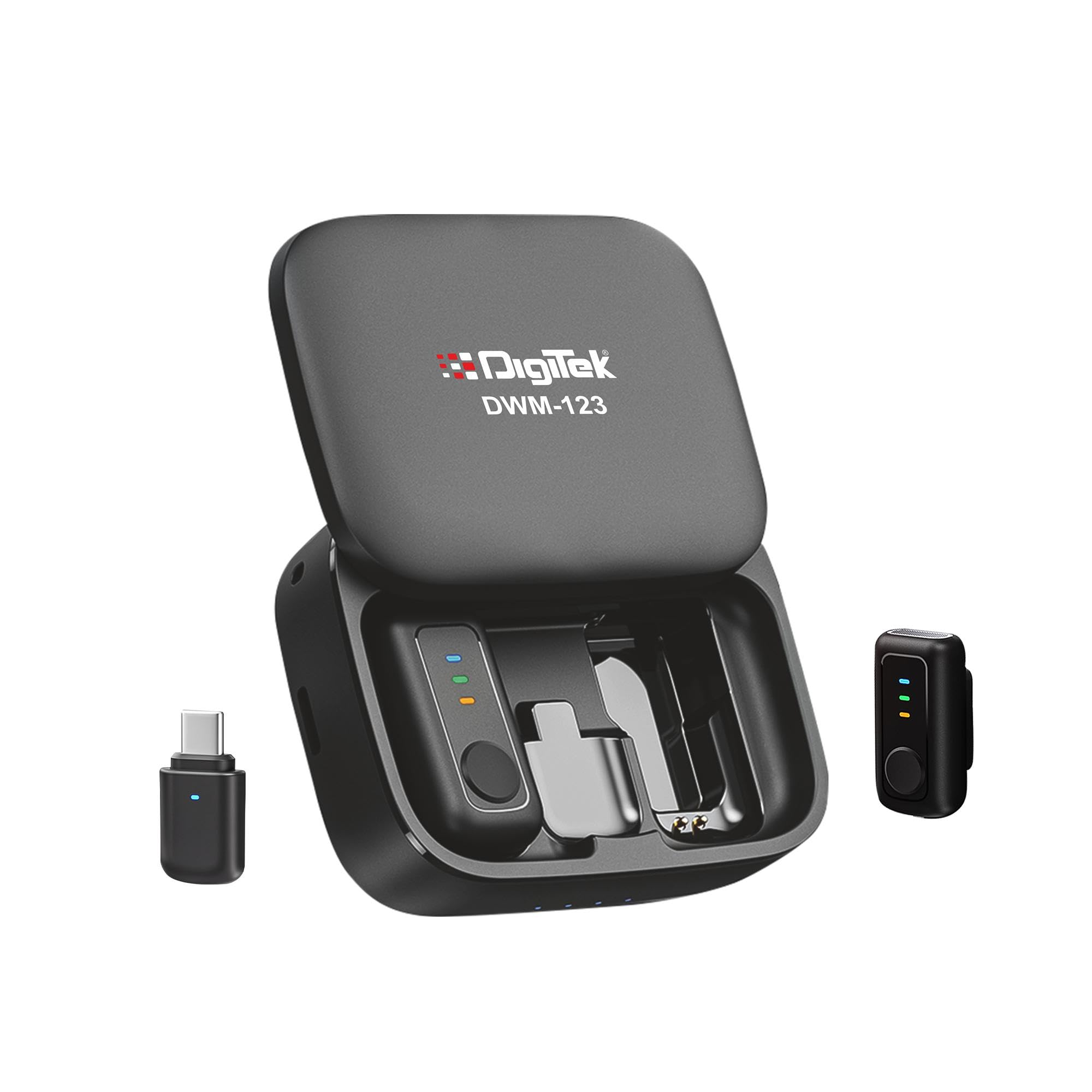 Digitek (DWM 123 2-in-1 Wireless Microphone System with Charging Case & Magnetic Collar Clip, Type-C Port for iOS, Smartphones, 60m Range, Build in Microphone, for Creators and Vloggers (Black)