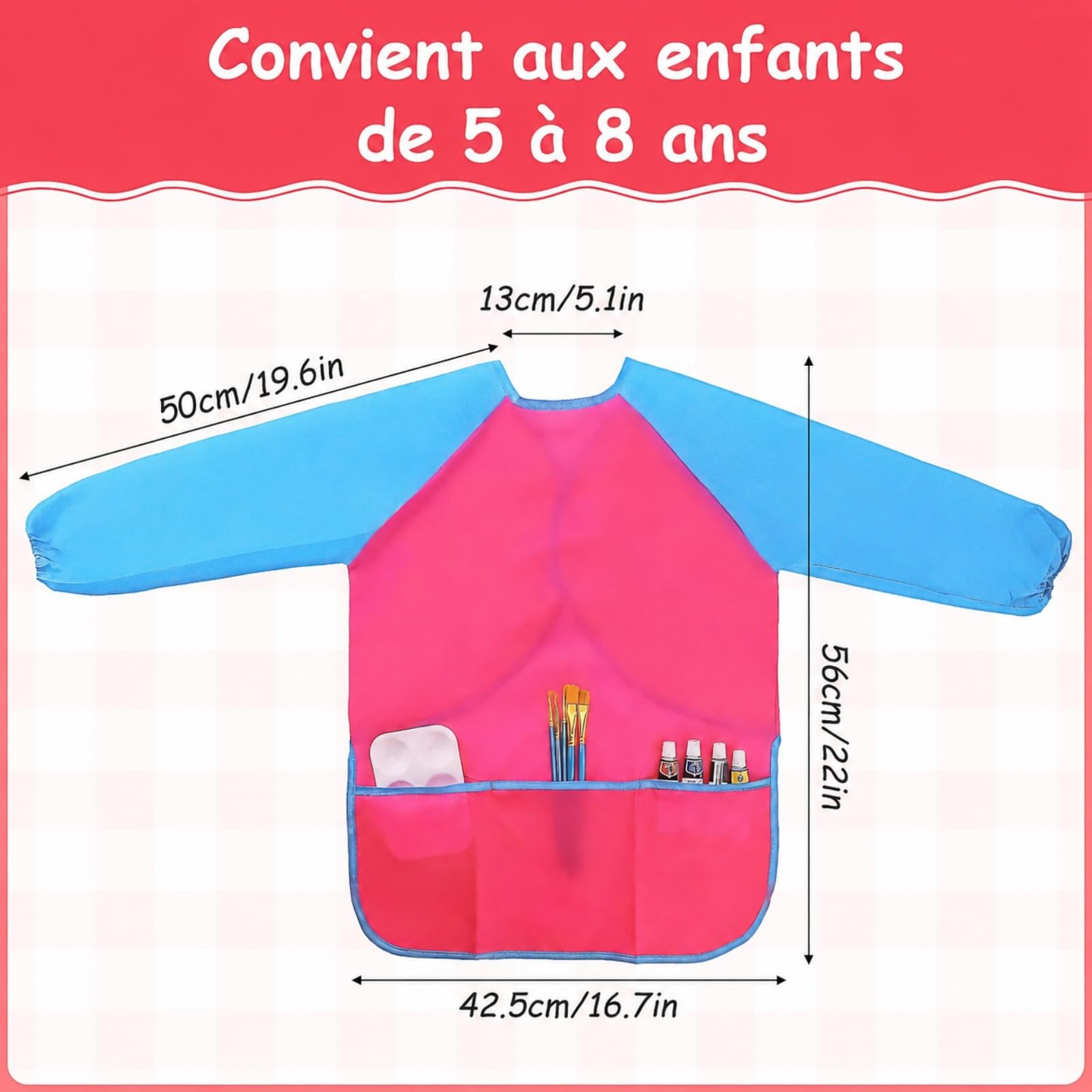 Lot de 24 Tabliers Enfant Peinture avec Manches Longues, Tablier Imperméable pour Enfants 3-8 Ans, Blouse de Peinture avec 3 Poches pour Activité Manuelle, Cuisine, École, Taille M