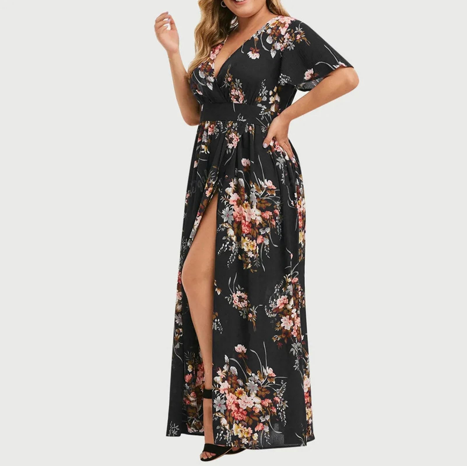 Vestido Largo Bohemio de Manga Corta Estampado Retro Vestido de Mujer de Verano Extra Grande 5Xl Vestido de Sol de Cuello V, HUTALIM, Negro, 3XL
