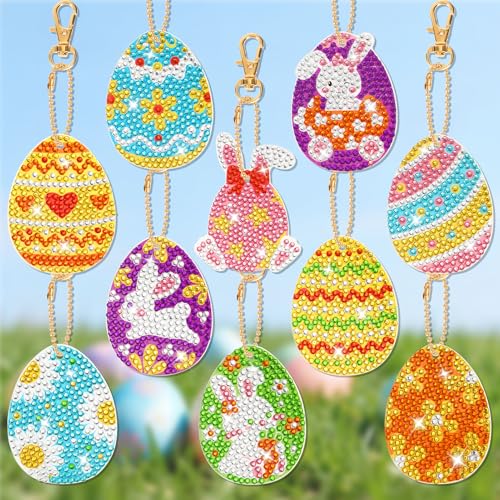 JSRQT Porte-Clés Peinture Diamant 5D Pâques, 10 Pièces Easter Diamant Peinture Pendentif, Strass Broderie Diamond Art Painting Complet Keychain, Lapin Oeufs Bricolage...