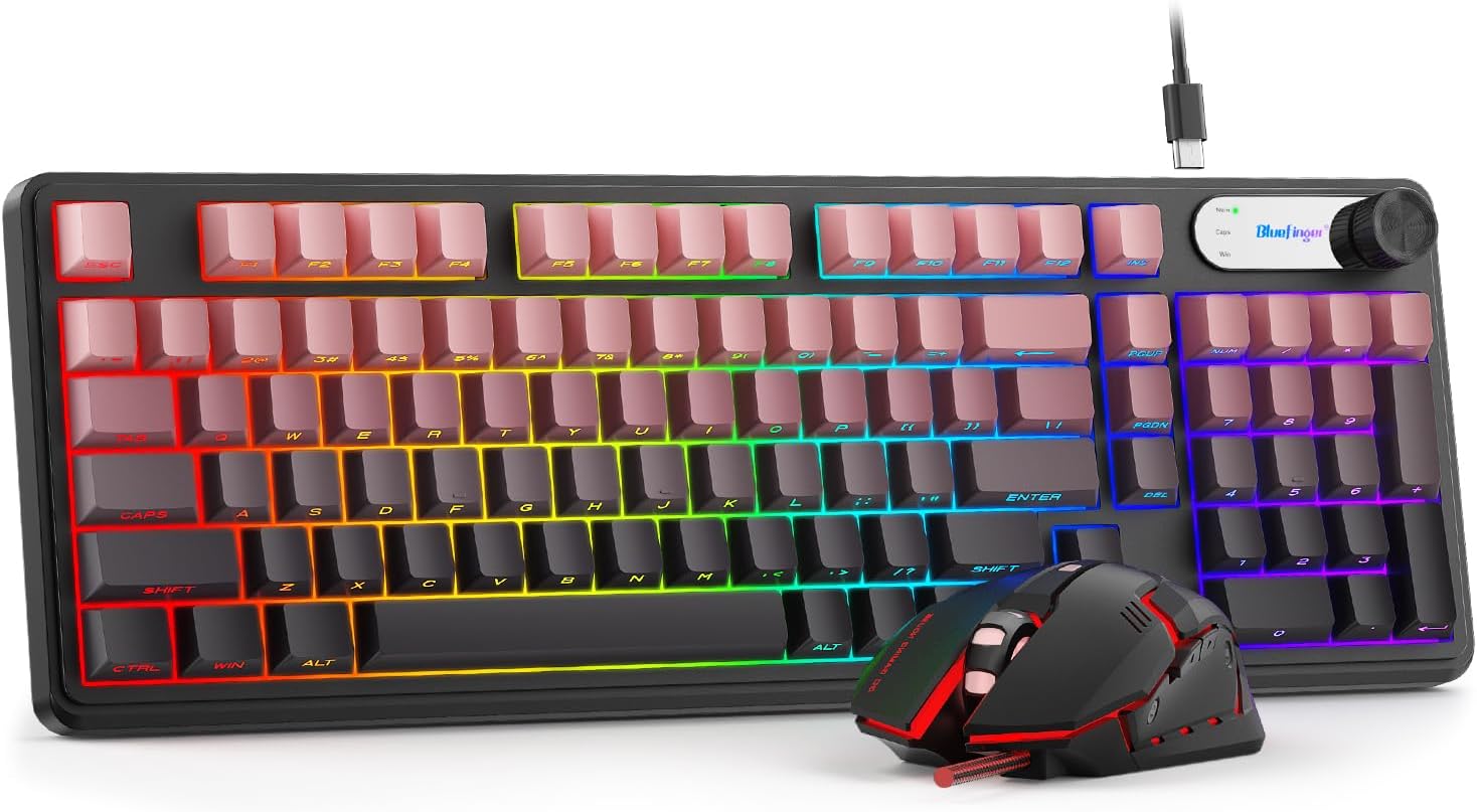 BlueFinger RGB Gaming Keyboard and Mouse Combo, 98 Key Wired USB-C Keyboard with Volume Knob, Quiet Mechanical Feel, Side Printed PBT Keycaps, LED Mouse with 4 DPI for MAC Xbox PC Gamer BlueFinger RGB Gaming Keyboard and Mouse Combo, 98 Key Wired USB-C Keyboard with Volume Knob, Quiet Mechanical Feel, Side Printed PBT Keycaps, LED Mouse with 4 DPI for MAC Xbox PC Gamer
