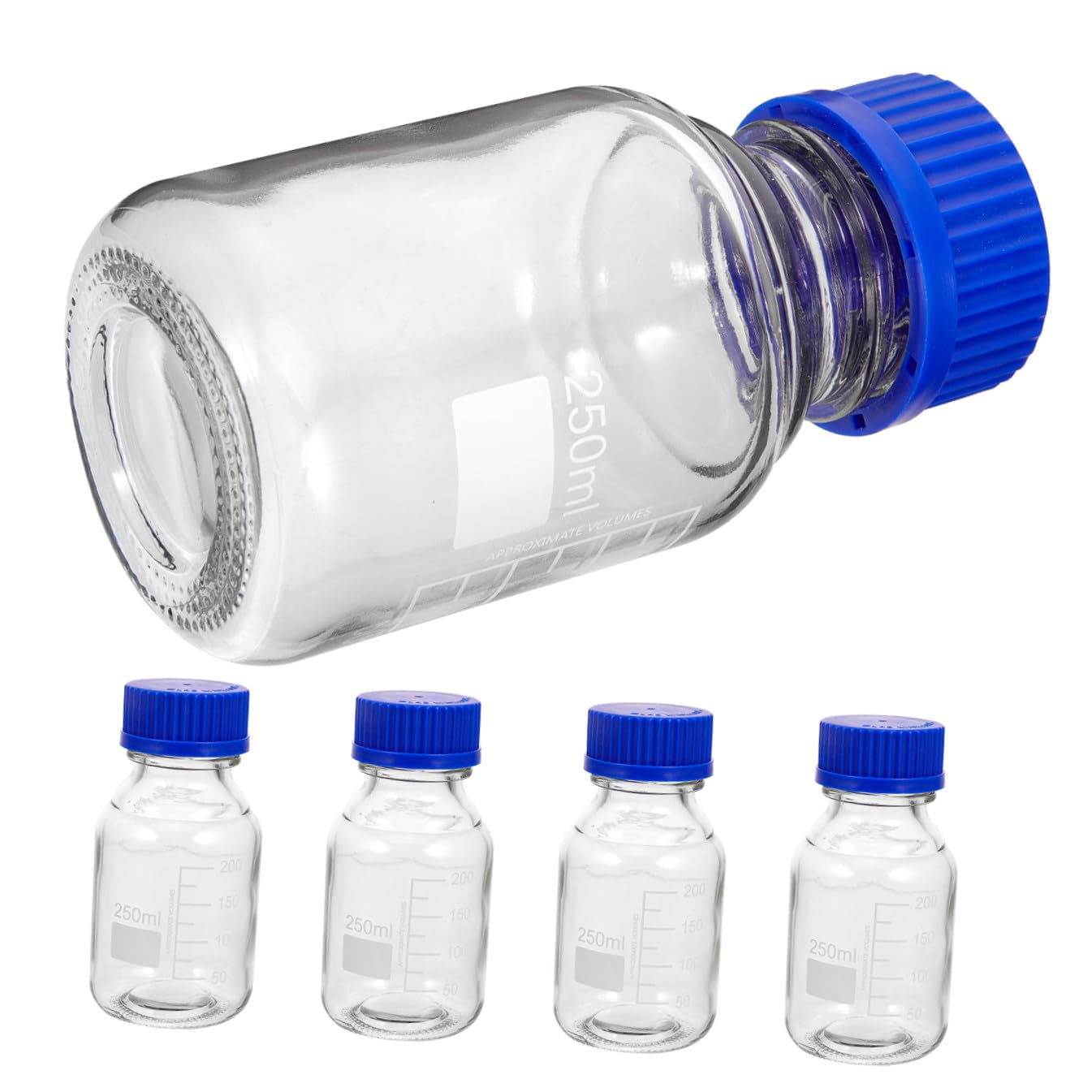 Bottiglia di Reagente Graduata 4 Pezzi 250ml in Vetro Blu | Tappo a Vite Incluso, Uso in Fabbrica e Aula, Lavabile e Resistente All'usura