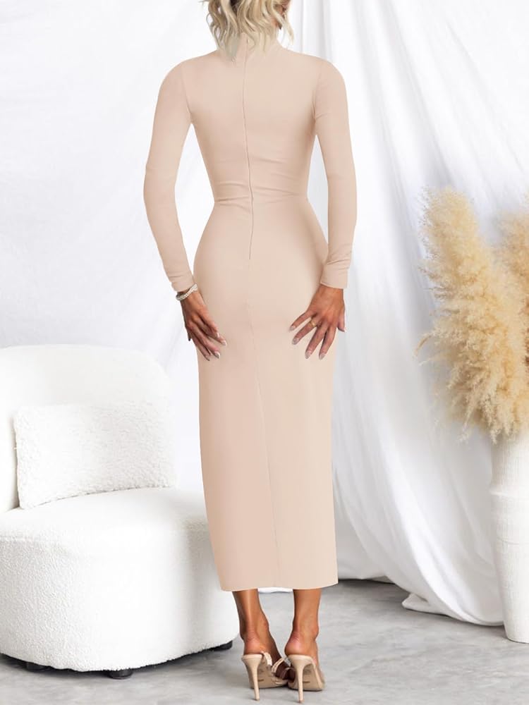 MIROL Women's 2025 Fall Long Sleeve Maxi Dress Mock Neck Side Slit